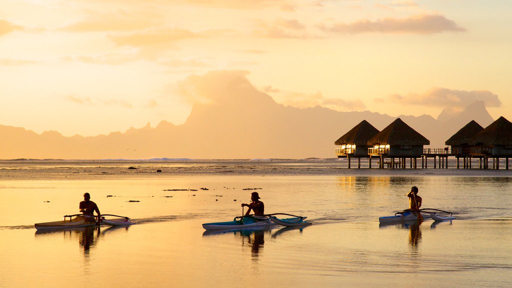 Tahití ofreciendo vista general a la costa, un atardecer y kayaks o canoas