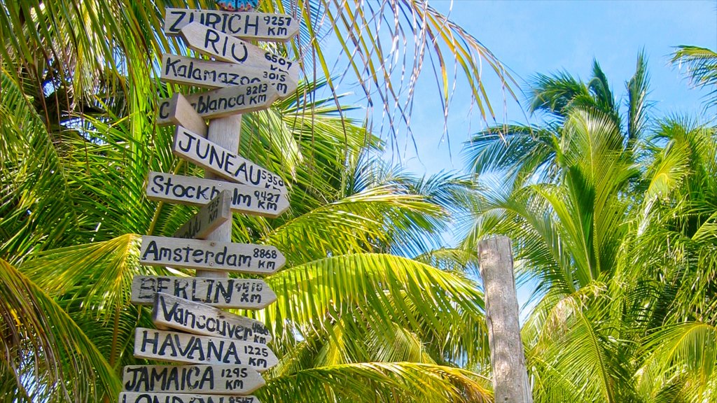 Cayo Corker mostrando señalización y escenas tropicales