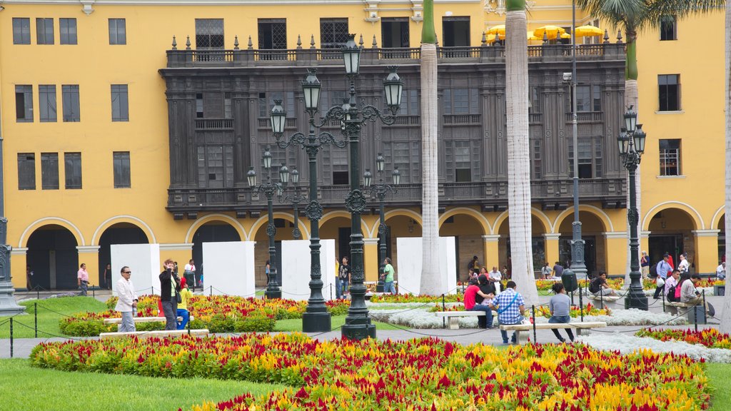 Plaza Mayor som viser vilde blomster, blomster og en park