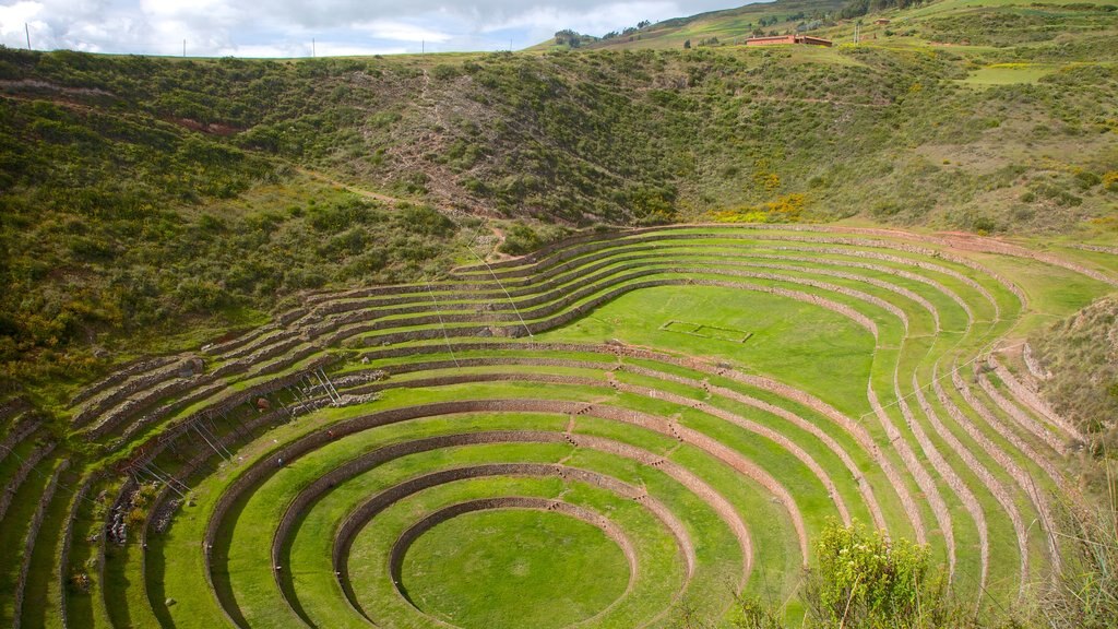 Terrazas de Moray que incluye vistas de paisajes y cultura indígena