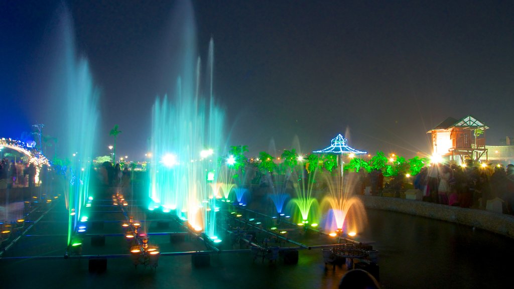 Kolkata showing nightlife, a fountain and a garden