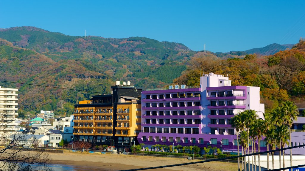 Toi Beach showing a coastal town, a sandy beach and mountains