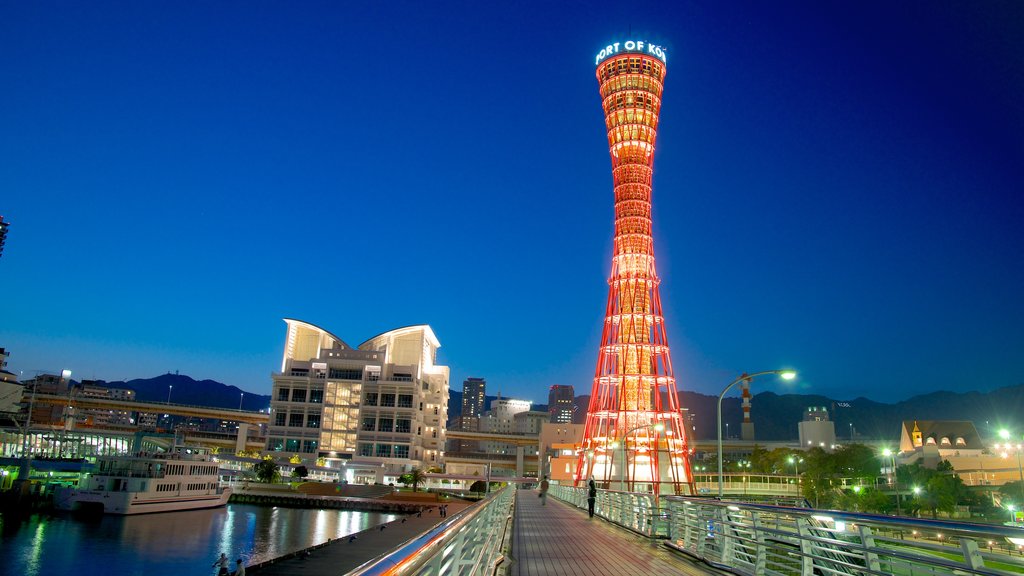 Kobe Tower which includes modern architecture, night scenes and street scenes