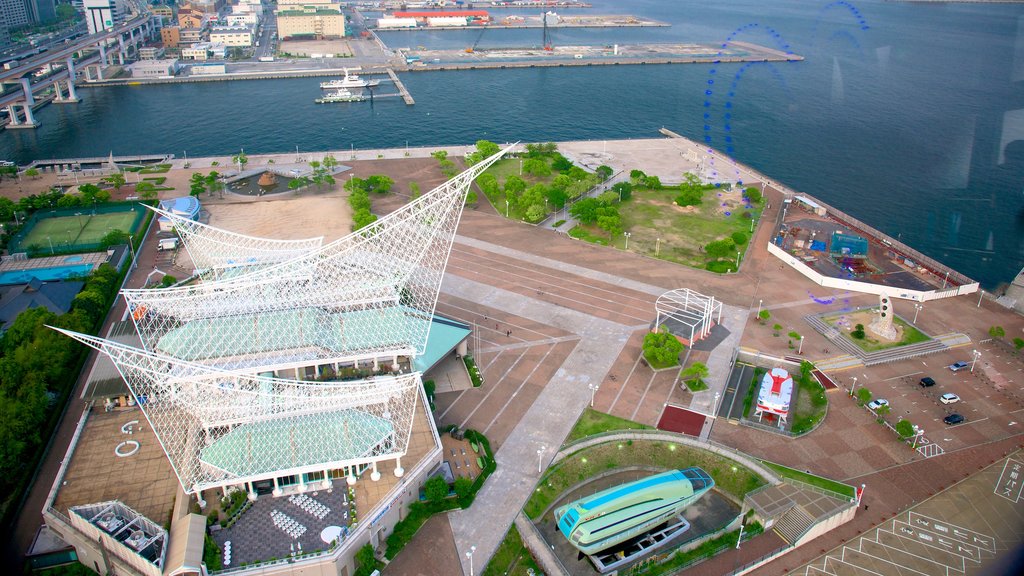 Meriken Park which includes modern architecture, a city and a bay or harbour