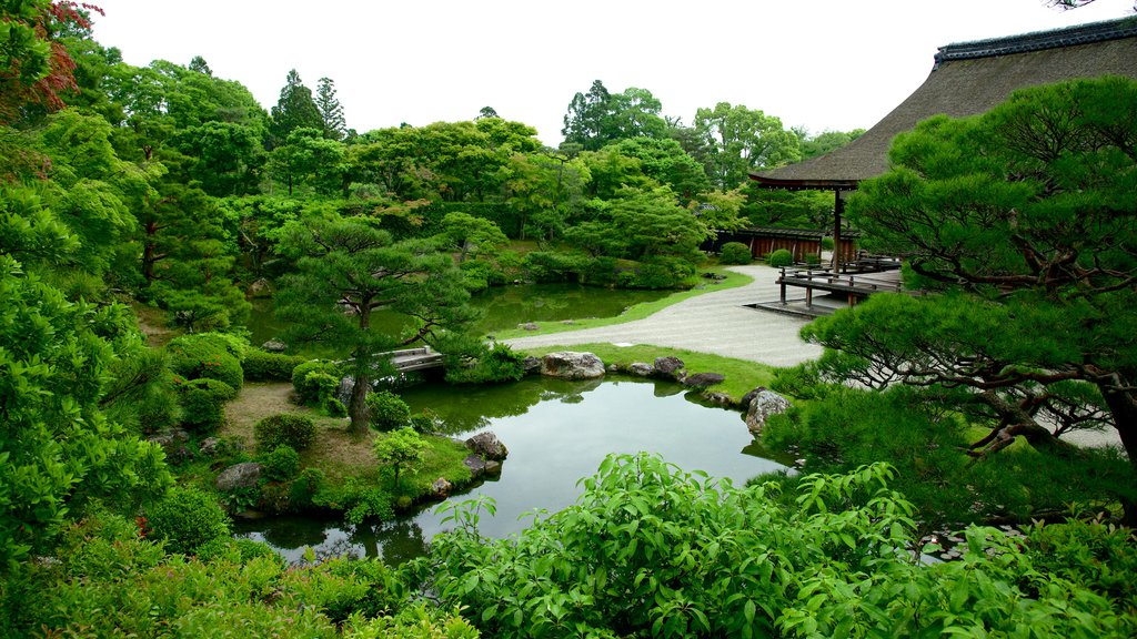 Templo Ninnaji que incluye un templo o lugar de culto, un estanque y vistas de paisajes