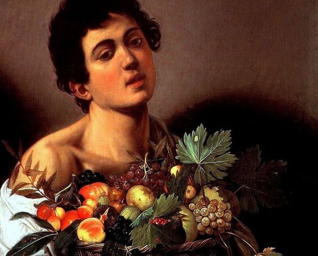 Giovane con canestra di frutta, particolare.