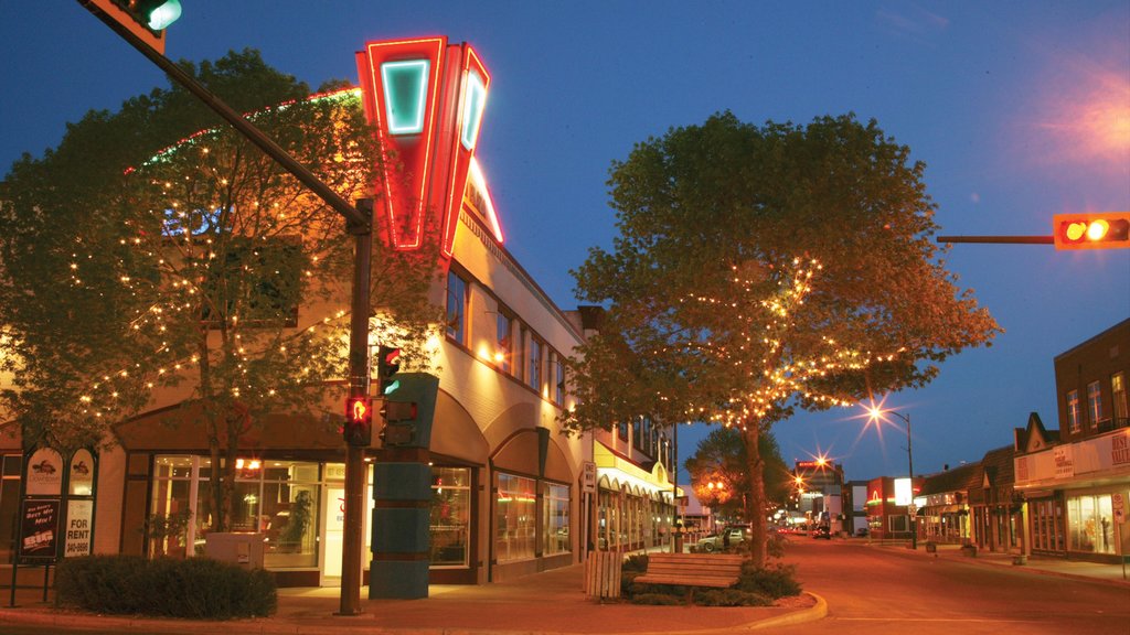 Red Deer which includes a city, night scenes and signage