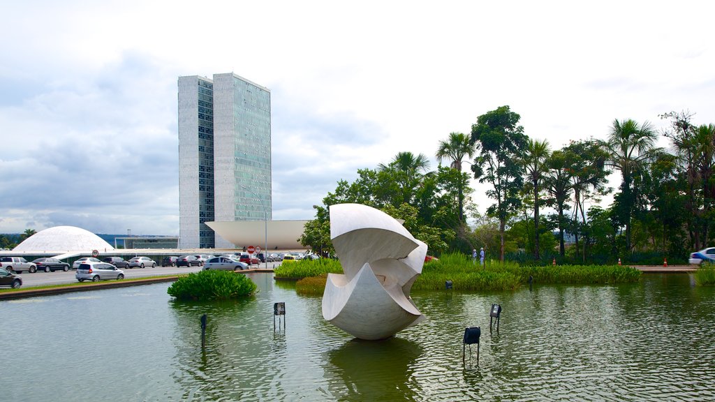 Itamaraty Palace showing outdoor art, a city and modern architecture