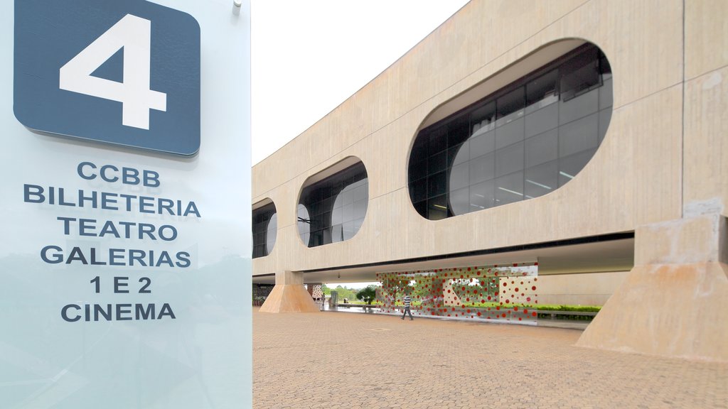 Bank of Brazil Cultural Center featuring signage, a city and modern architecture