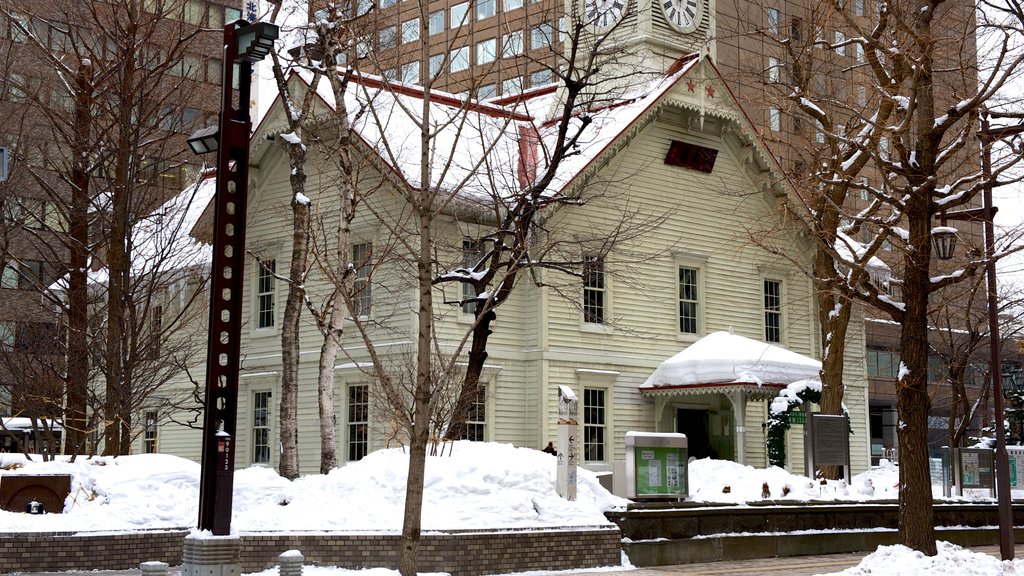 Torre do Relógio que inclui cenas de rua e neve