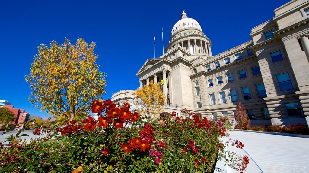 Boise som omfatter historiske bygningsværker og blomster