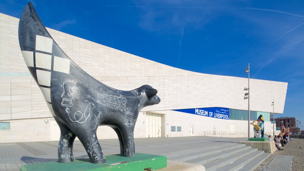 Museum of Liverpool showing modern architecture and a statue or sculpture