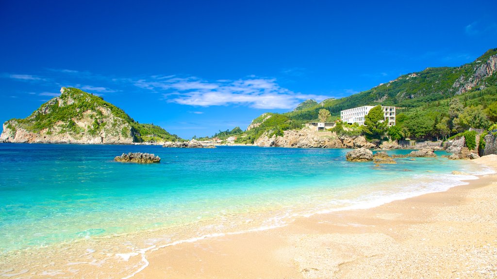 Paleokastritsa Beach showing general coastal views and a sandy beach