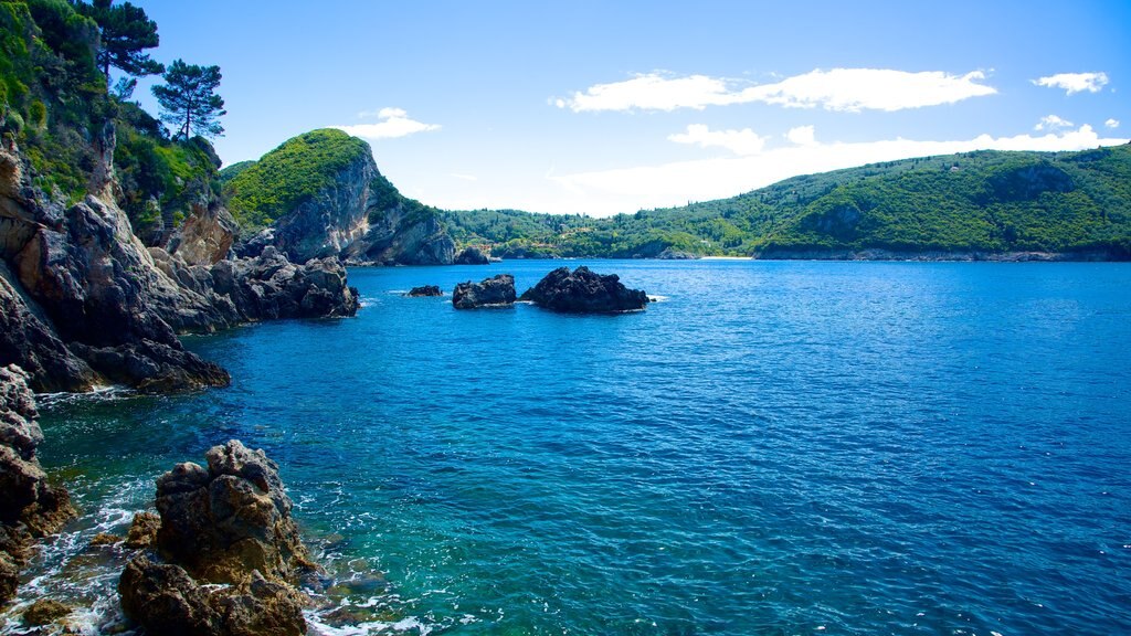 Paleokastritsa Beach showing rocky coastline