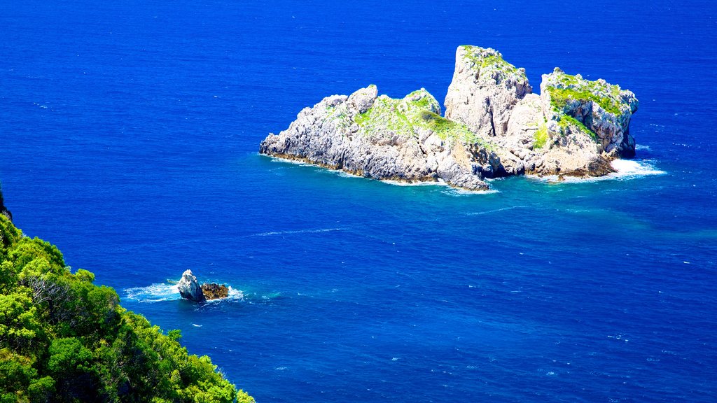 Playa de Paleokastritsa que incluye imágenes de una isla