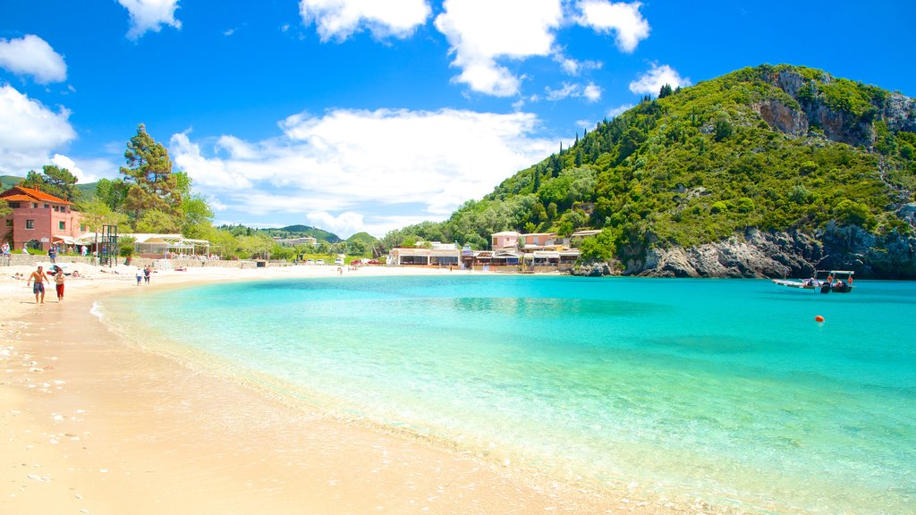 Paleokastritsa Beach showing a sandy beach and general coastal views