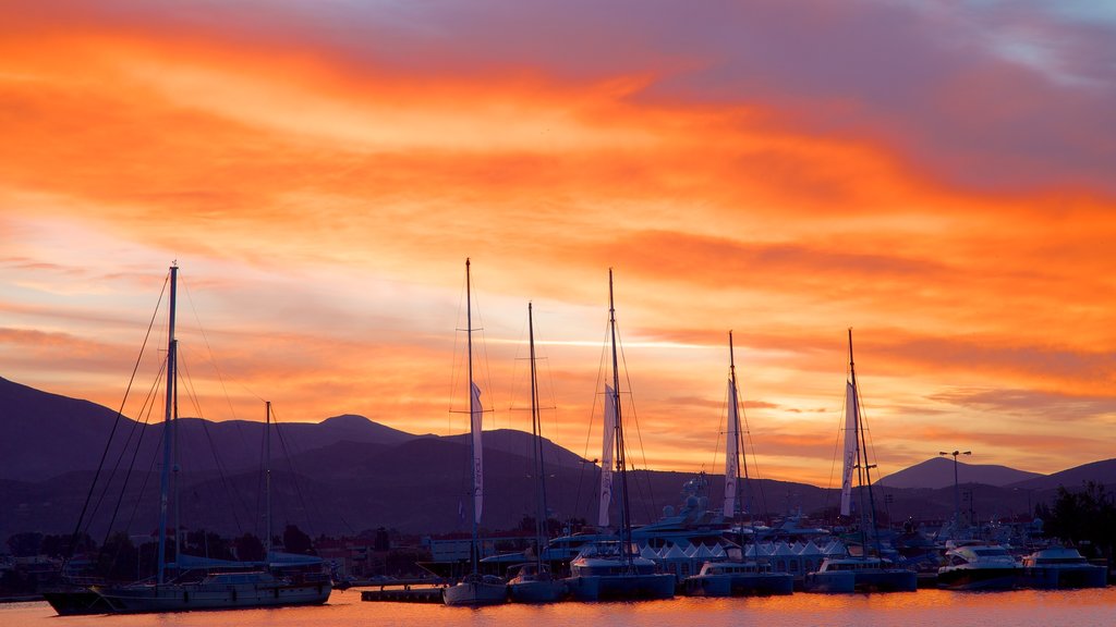 Nafplio which includes a bay or harbour and a sunset