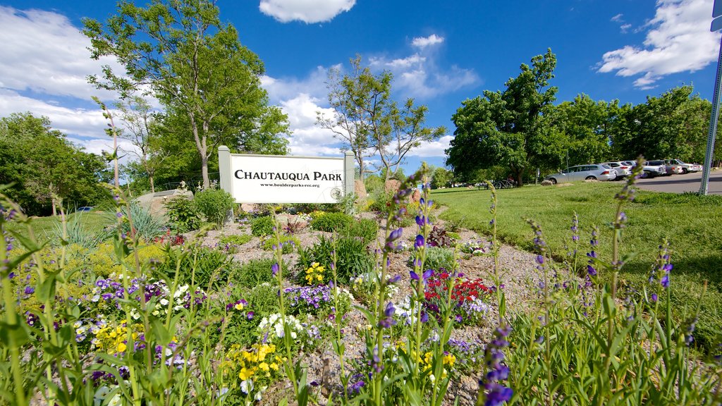 Chautauqua Park featuring flowers, signage and a park