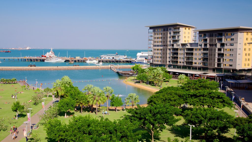 Paseo Marítimo de Darwin ofreciendo jardín y una ciudad costera