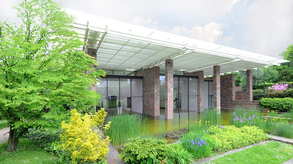 Fondation Beyeler inclusief moderne architectuur, een park en bloemen