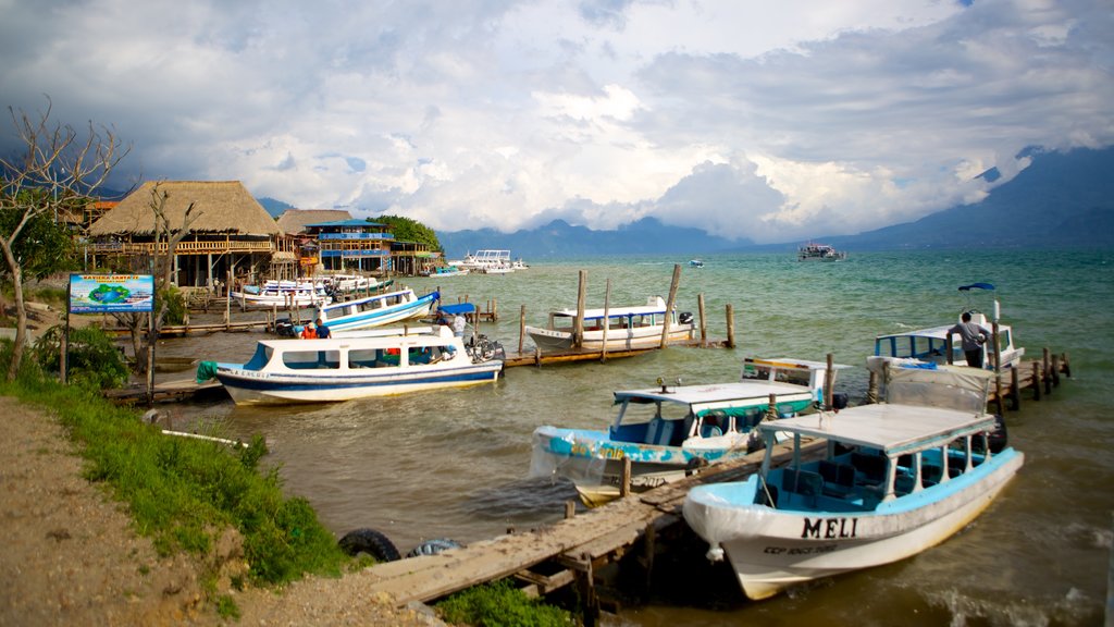 Panajachel which includes a bay or harbour, a lake or waterhole and boating