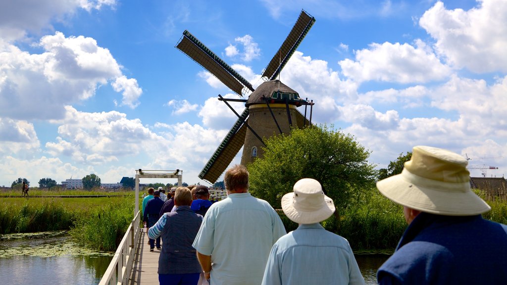 Kinderdijk que incluye pantano y un molino y también un gran grupo de personas