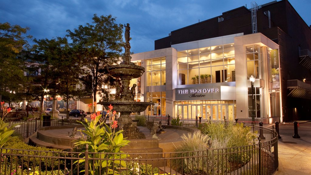 Worcester featuring modern architecture, night scenes and a fountain