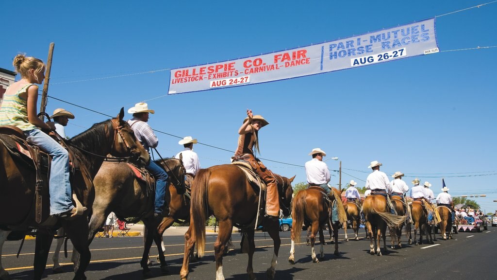 Fredericksburg which includes signage, horse riding and land animals