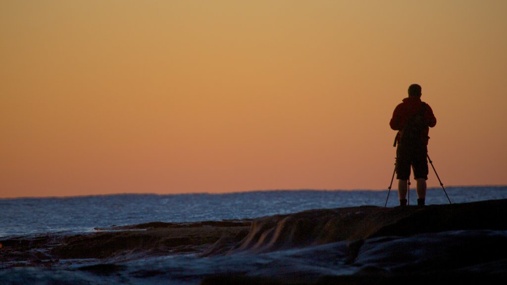 Shelly Beach caracterizando um pôr do sol e paisagens litorâneas assim como um homem sozinho