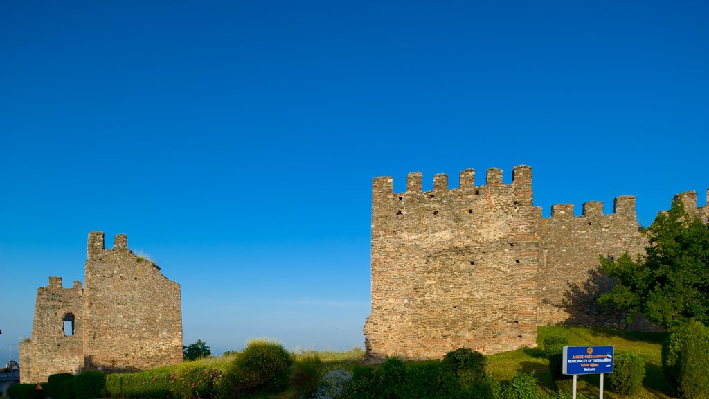 Byzantine Walls showing a garden, heritage architecture and a coastal town