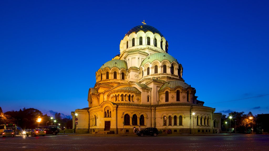 Alexander Nevski Cathedral showing a church or cathedral, religious elements and night scenes