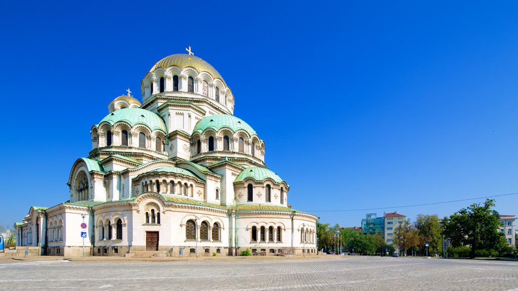 Alexander Nevski Cathedral showing a church or cathedral and street scenes