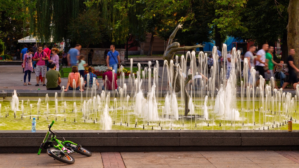 Prince Alexander of Battenberg Square showing a square or plaza and a fountain as well as a large group of people