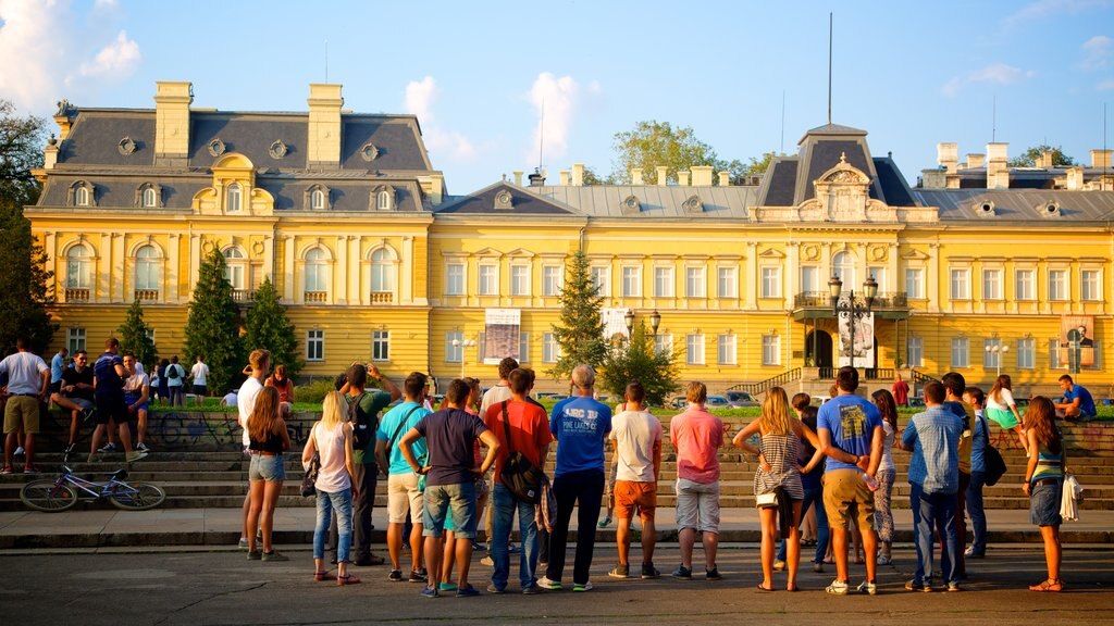 Sófia que inclui cenas de rua assim como um grande grupo de pessoas