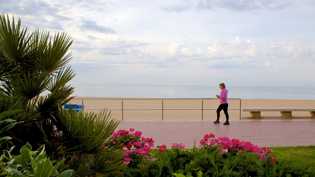 Playa de Lloret de Mar que incluye vistas generales de la costa y también una mujer