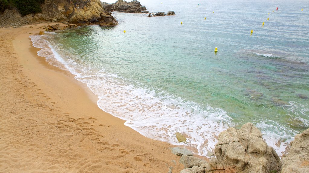 Catalonia showing rugged coastline, a sandy beach and general coastal views