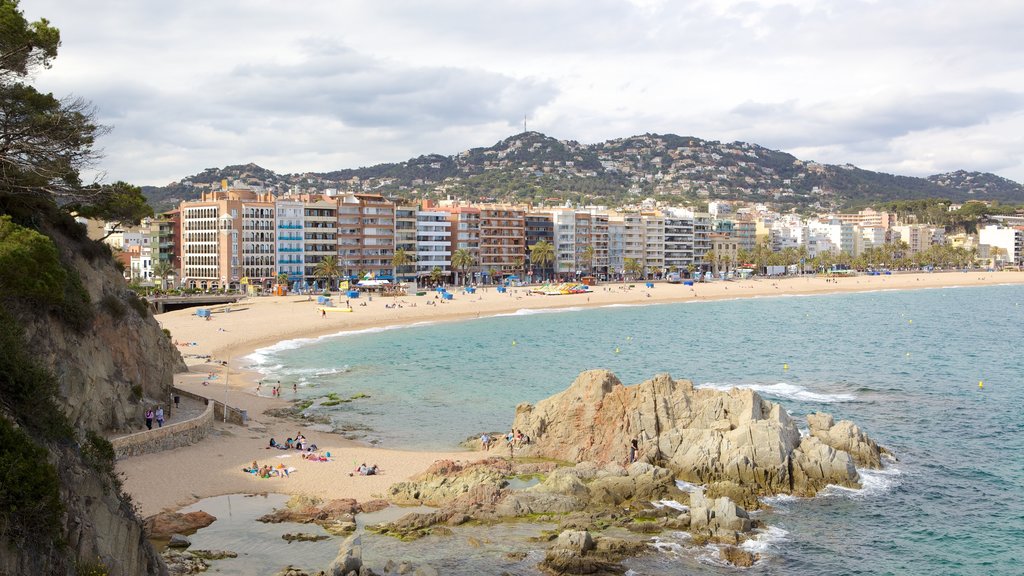 Playa de Lloret de Mar que incluye una bahía o puerto y una ciudad