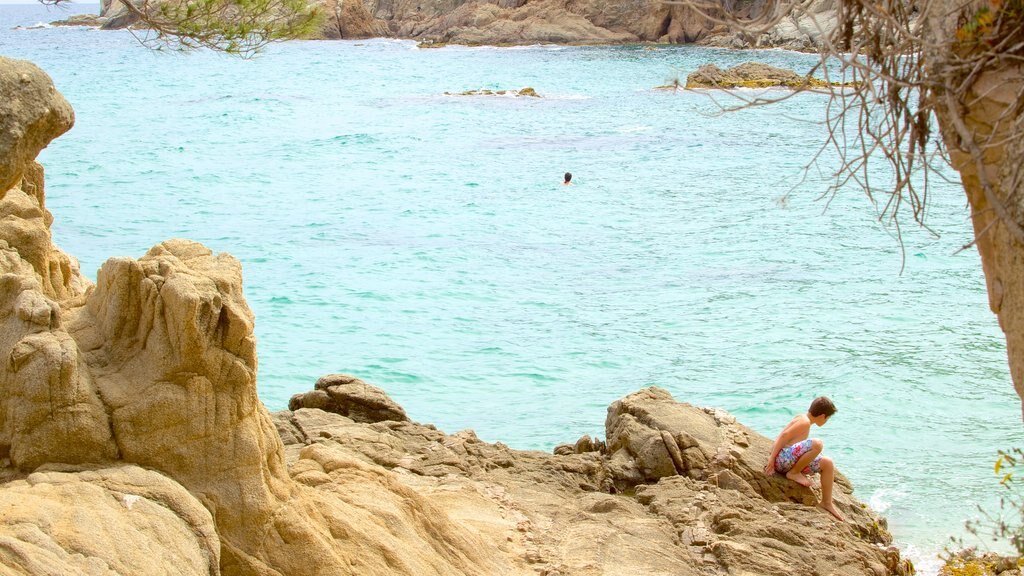 Treumal Beach showing rocky coastline as well as an individual child