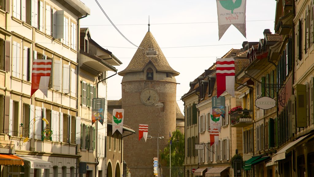 Morges which includes a church or cathedral and street scenes