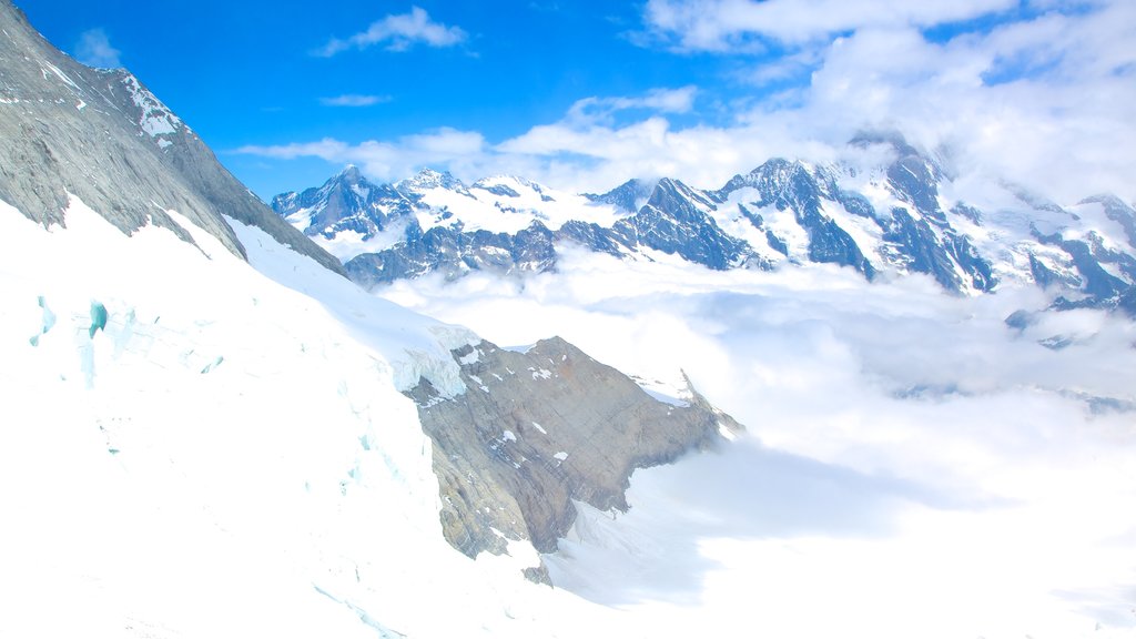 Jungfraujoch som visar snö, dimma och berg