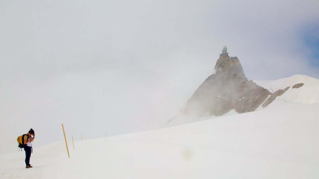 Jungfraujoch which includes hiking or walking, mist or fog and snow