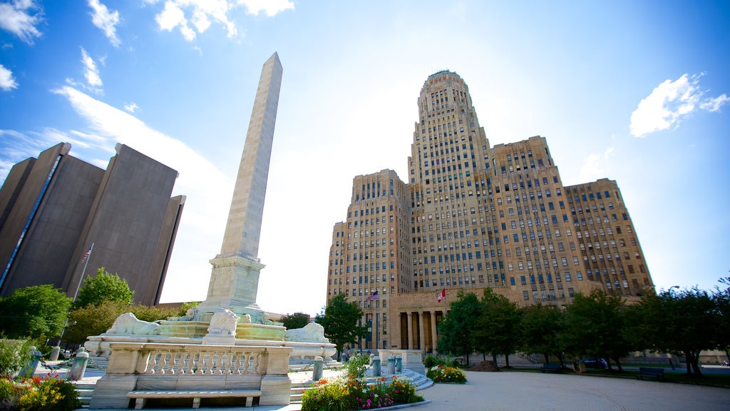 Buffalo City Hall showing a square or plaza, a city and a monument