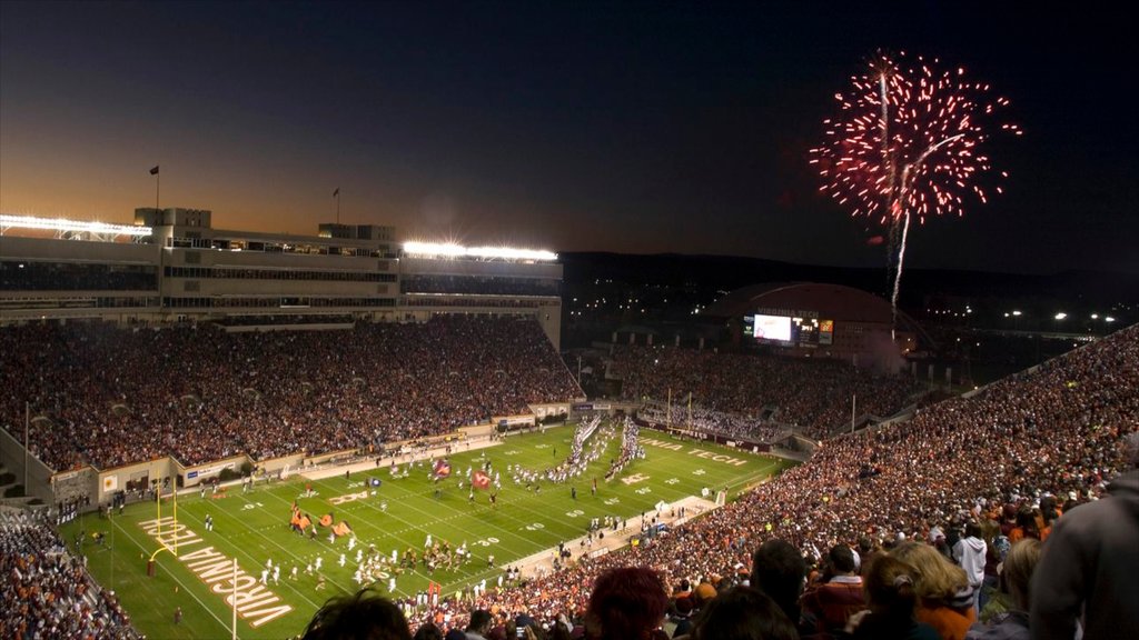 Blacksburg which includes a sporting event, night scenes and nightlife