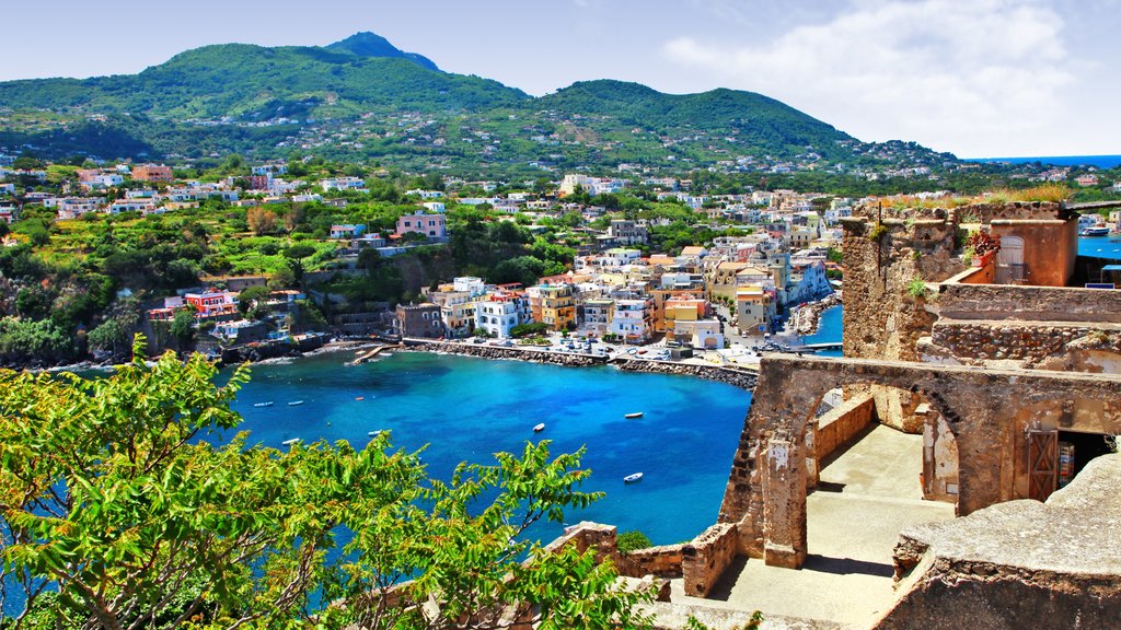 Ischia showing a bay or harbour, building ruins and general coastal views