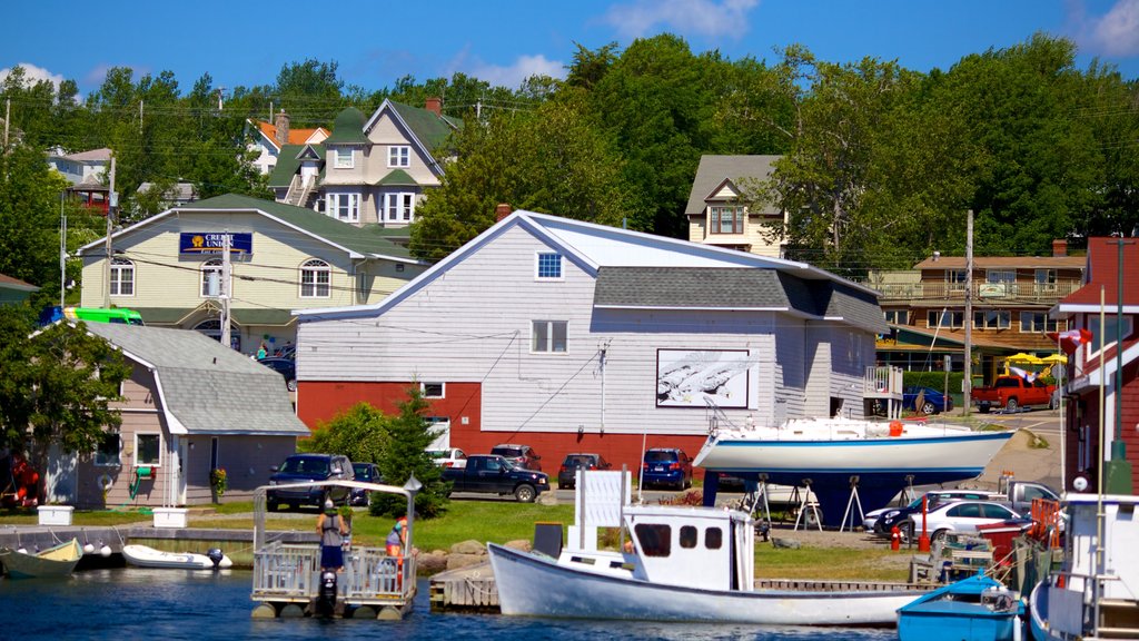 Baddeck showing a bay or harbour and a house