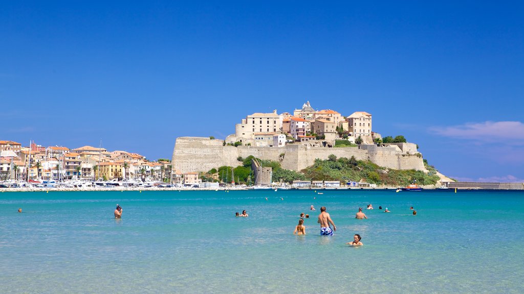 Strand von Calvi mit einem Schwimmen, Küstenort und allgemeine Küstenansicht