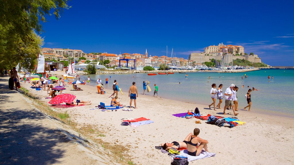 Calvi Beach which includes a sandy beach and a coastal town as well as a large group of people