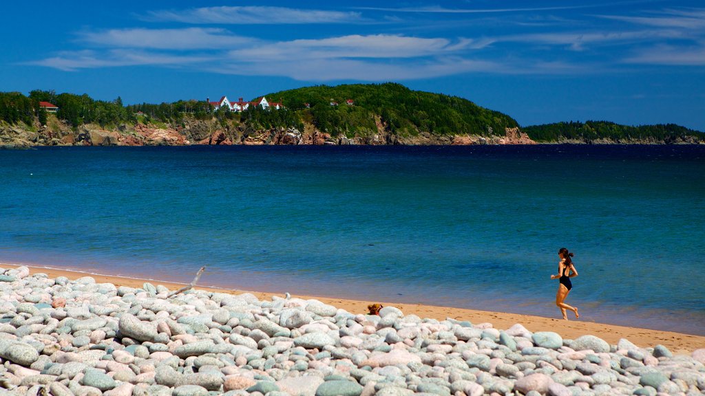 Ingonish Beach ofreciendo una playa y una playa de piedras y también una mujer