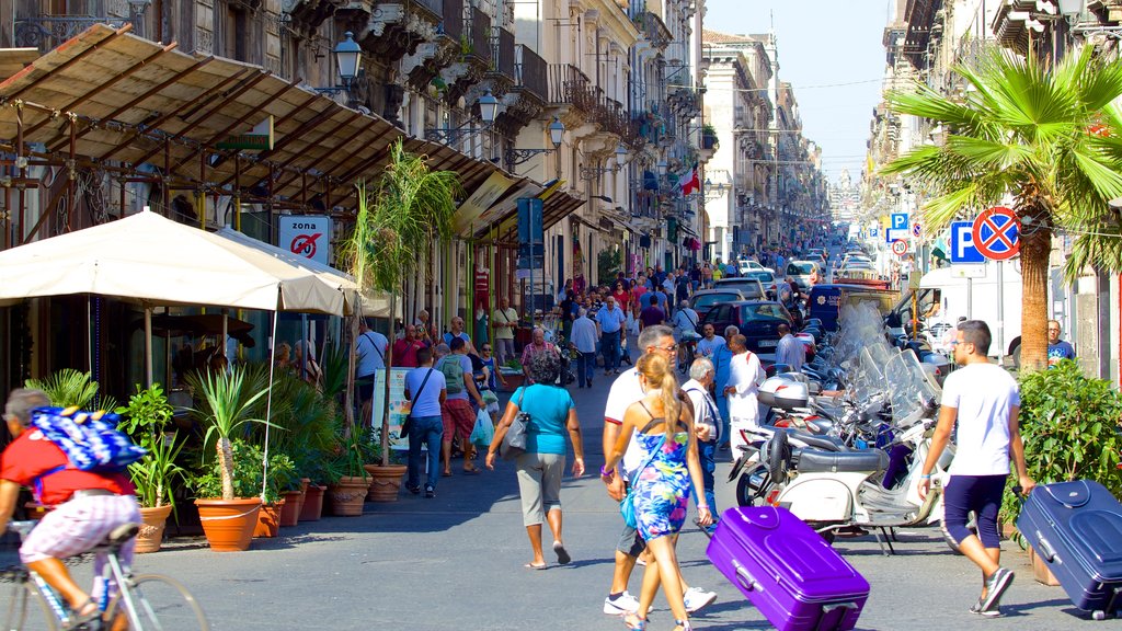 Piazza Duomo que inclui uma cidade e cenas de rua assim como um grande grupo de pessoas