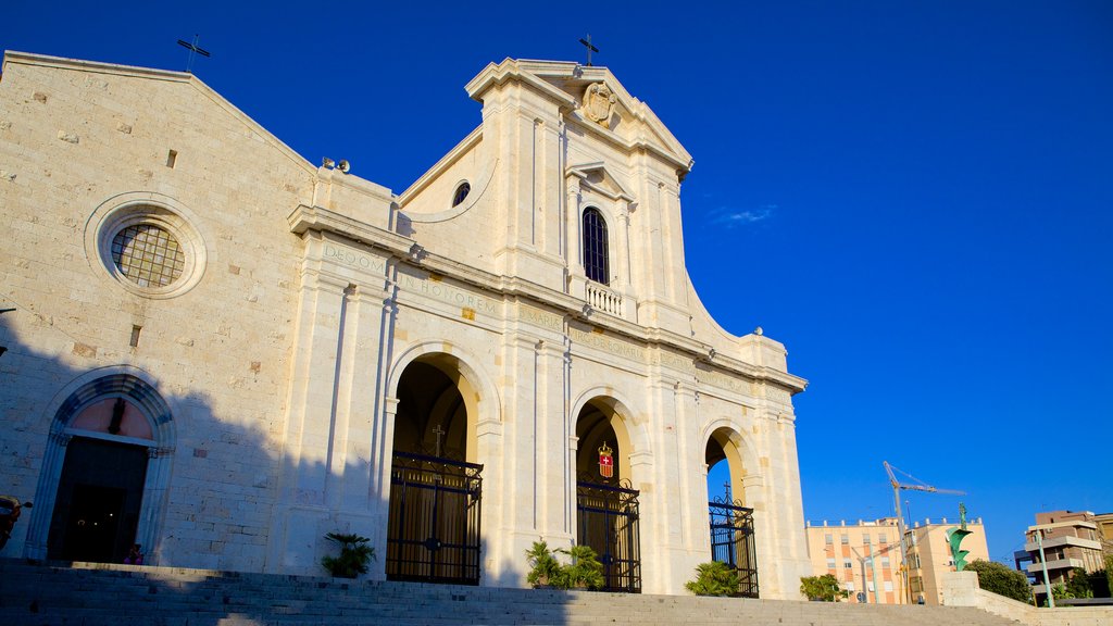 Sanctuary of Our Lady of Bonaria which includes a church or cathedral, religious elements and heritage architecture